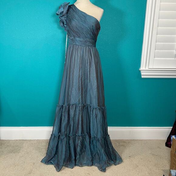 NWT Mac Duggal Organza One-Shoulder Pleated Tiered Gown Formal Sage Size 6 - Picture 3 of 8